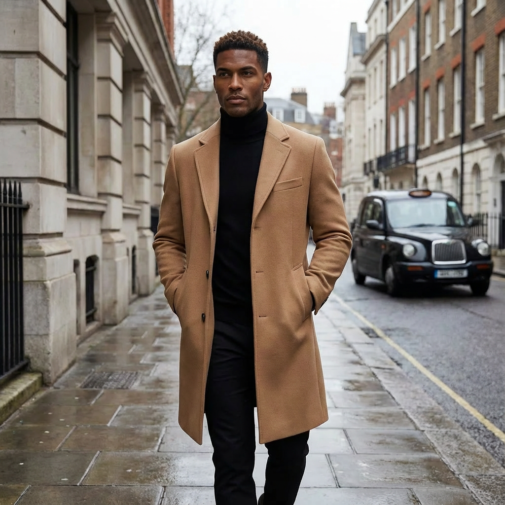 Men’s Slim-Fit Long Coat – Classic Formal Winter Style