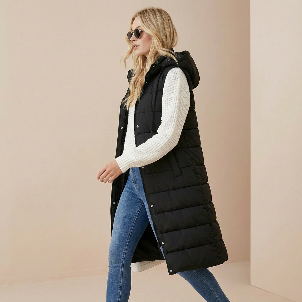 Women’s Long Hooded Puffer Vest – Warm & Lightweight Bodywarmer